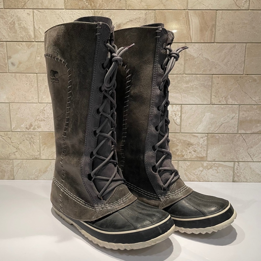 Sorel Cate the Great Waterproof Winter Boots Grey Leather Suede Sz 9 No Insoles